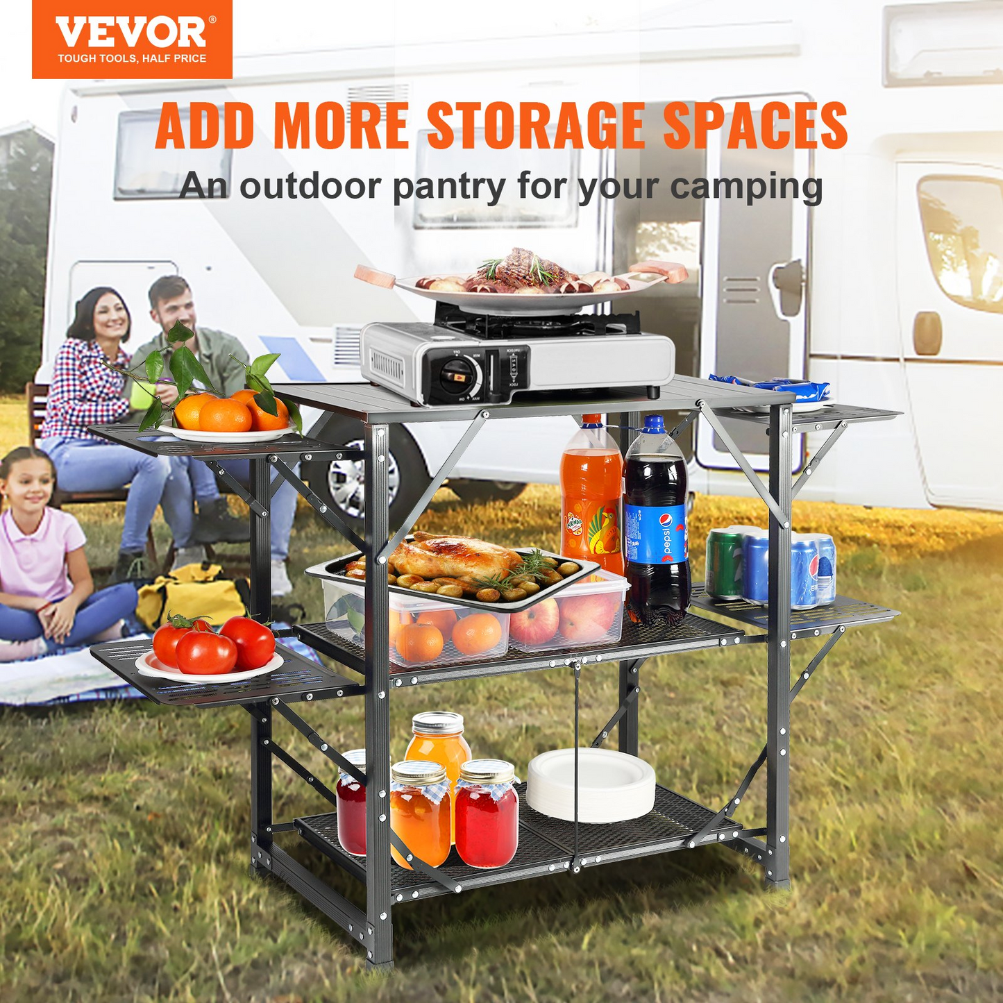 VEVOR Camping Kitchen Table - Portable Cook Station with Carrying Bag, 4 Side Tables & 2 Shelves, Durable Aluminum Frame - Perfect for Outdoor Cooking, BBQs & RV Trips
