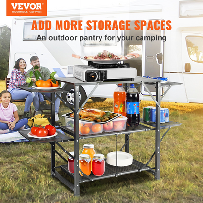 VEVOR Camping Kitchen Table - Portable Cook Station with Carrying Bag, 4 Side Tables & 2 Shelves, Durable Aluminum Frame - Perfect for Outdoor Cooking, BBQs & RV Trips