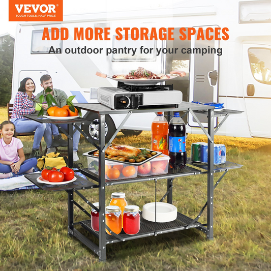 VEVOR Camping Kitchen Table - Portable Cook Station with Carrying Bag, 4 Side Tables & 2 Shelves, Durable Aluminum Frame - Perfect for Outdoor Cooking, BBQs & RV Trips