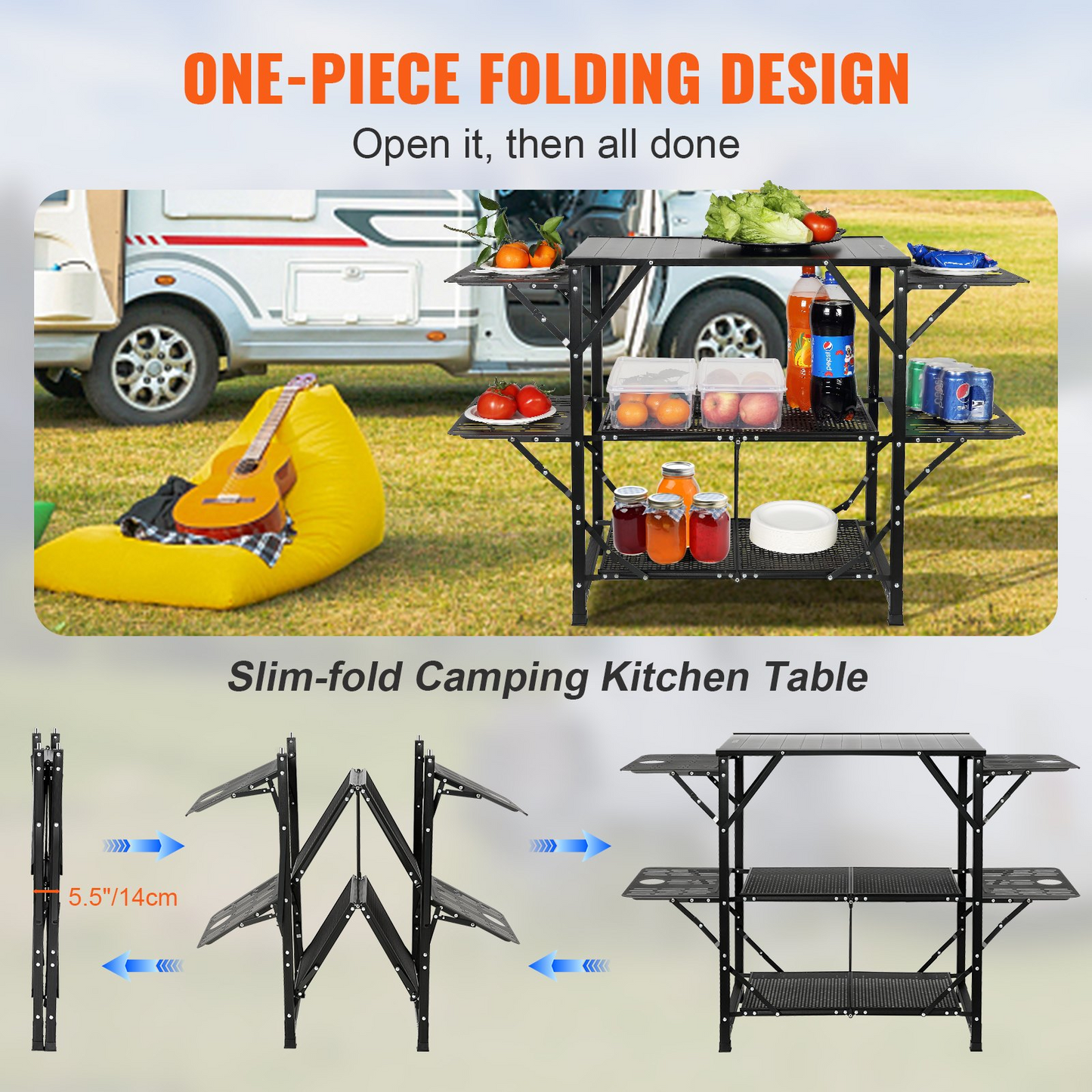 VEVOR Camping Kitchen Table - Portable Cook Station with Carrying Bag, 4 Side Tables & 2 Shelves, Durable Aluminum Frame - Perfect for Outdoor Cooking, BBQs & RV Trips