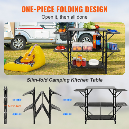 VEVOR Camping Kitchen Table - Portable Cook Station with Carrying Bag, 4 Side Tables & 2 Shelves, Durable Aluminum Frame - Perfect for Outdoor Cooking, BBQs & RV Trips