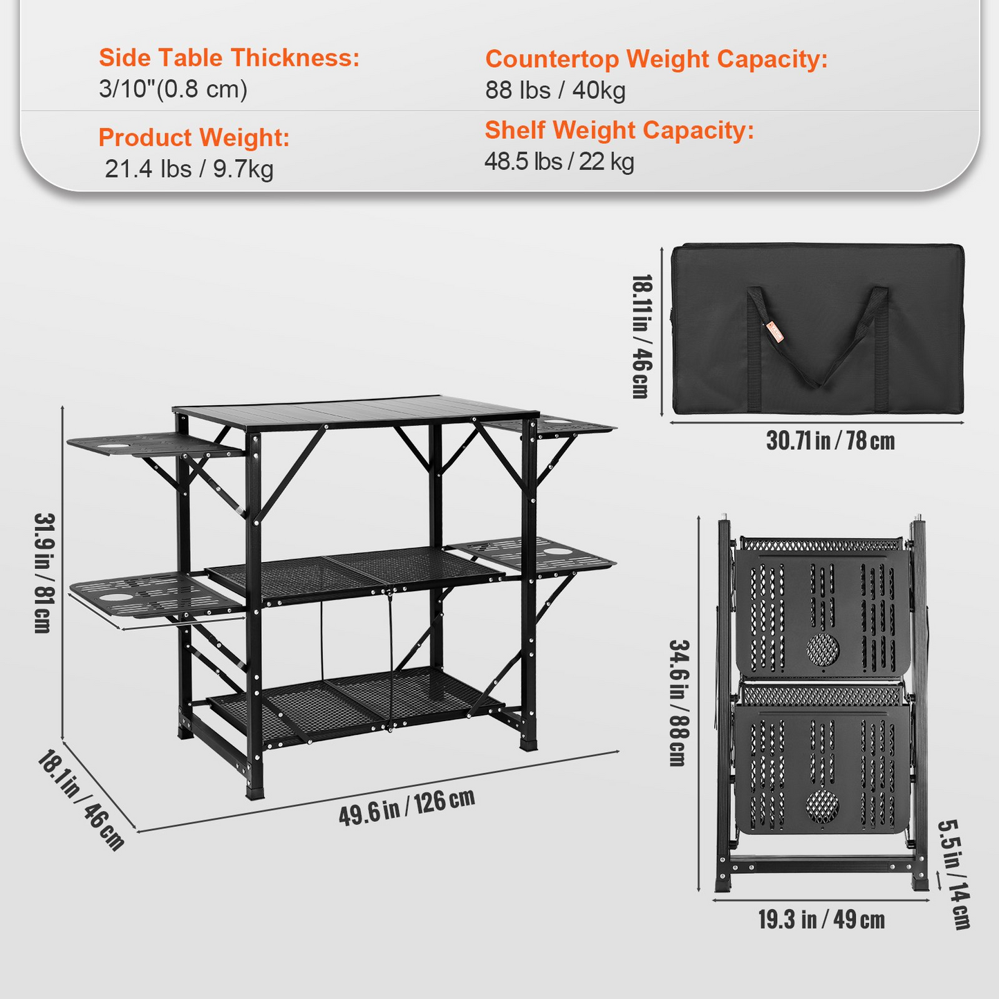 VEVOR Camping Kitchen Table - Portable Cook Station with Carrying Bag, 4 Side Tables & 2 Shelves, Durable Aluminum Frame - Perfect for Outdoor Cooking, BBQs & RV Trips