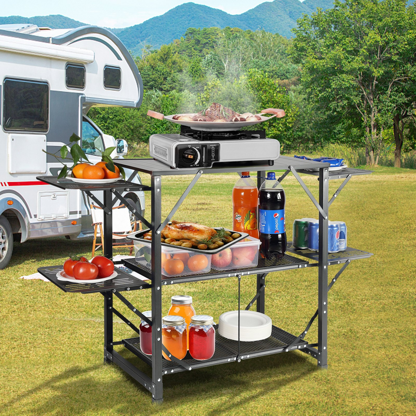 VEVOR Camping Kitchen Table - Portable Cook Station with Carrying Bag, 4 Side Tables & 2 Shelves, Durable Aluminum Frame - Perfect for Outdoor Cooking, BBQs & RV Trips
