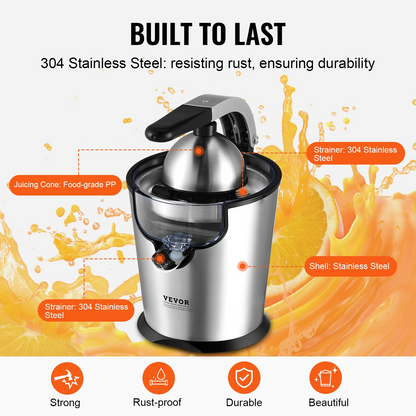 Electric Citrus Juicer - 300W Stainless Steel Orange Juice Maker, Soft Grip Handle, Dual Juicing Cones for Oranges, Grapefruits, Lemons & More