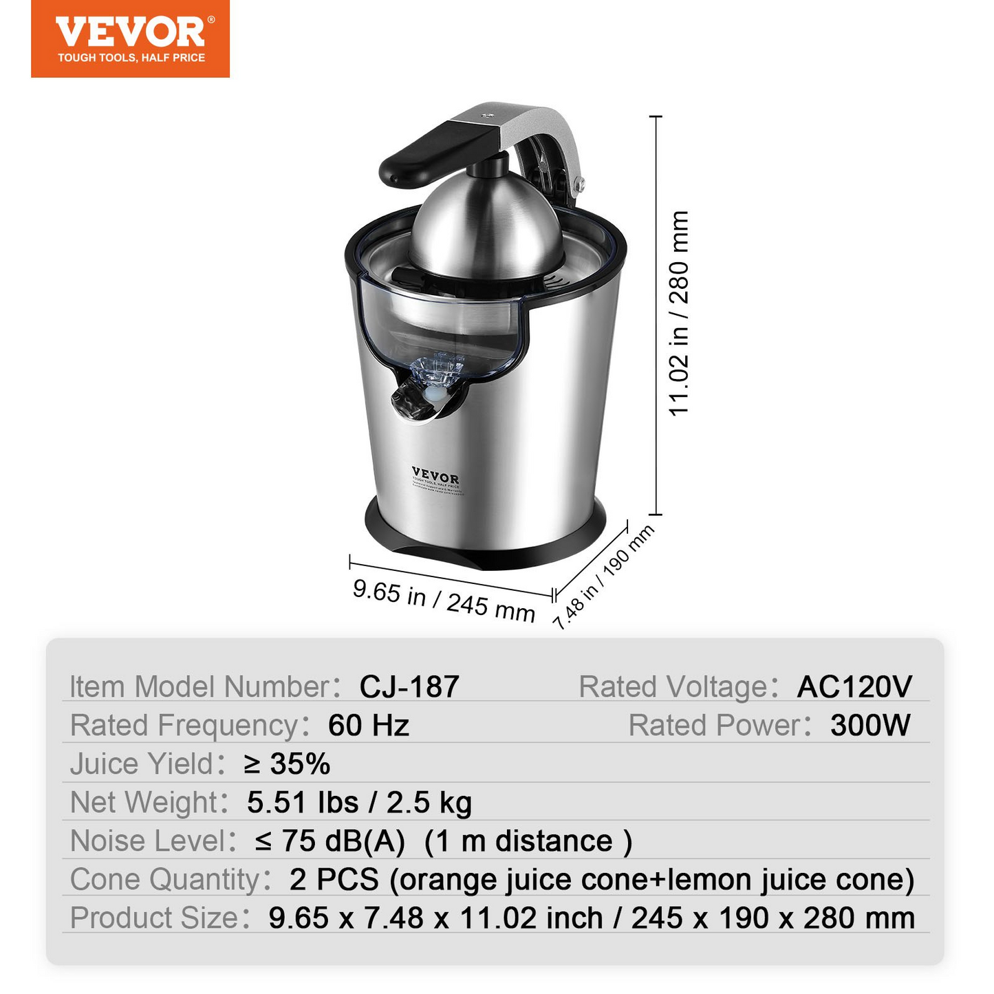 Electric Citrus Juicer - 300W Stainless Steel Orange Juice Maker, Soft Grip Handle, Dual Juicing Cones for Oranges, Grapefruits, Lemons & More