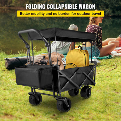 VEVOR Extra Large Collapsible Garden Cart - Heavy Duty, All-Terrain Folding Wagon with Removable Canopy | Ideal for Gardening, Camping, and Shopping - Black