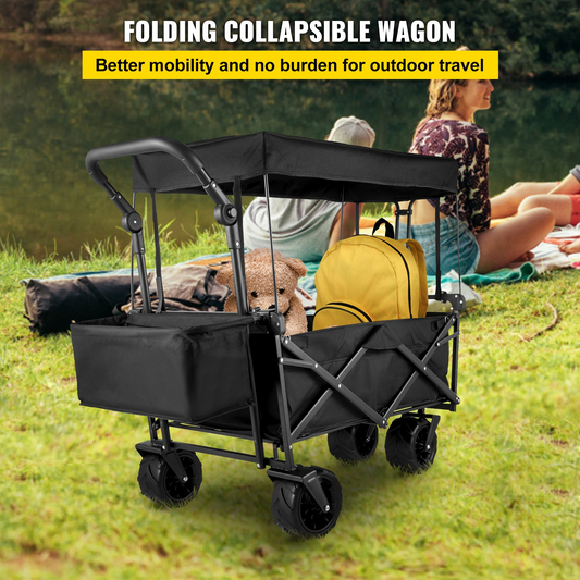 VEVOR Extra Large Collapsible Garden Cart - Heavy Duty, All-Terrain Folding Wagon with Removable Canopy | Ideal for Gardening, Camping, and Shopping - Black