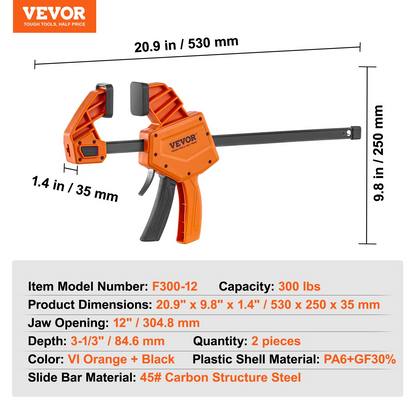 VEVOR 12" Bar Clamps for Woodworking, 2-Pack One-Handed Quick-Change F Clamp/Spreader, 300 lbs Load Limit, High-strength Plastic and Carbon Steel, Wood & Metalworking Clamps