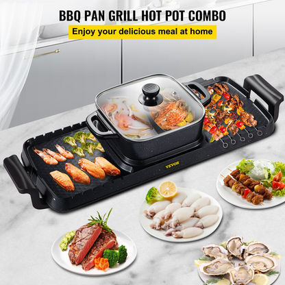 VEVOR 2 in 1 Electric Grill and Hot Pot, BBQ Pan Grill and Hot Pot - Multifunctional Teppanyaki Grill Pot with Dual Temp Control