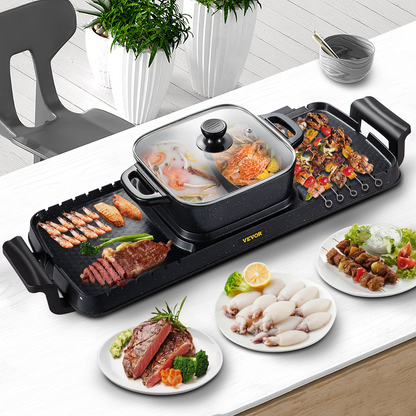 VEVOR 2 in 1 Electric Grill and Hot Pot, BBQ Pan Grill and Hot Pot - Multifunctional Teppanyaki Grill Pot with Dual Temp Control