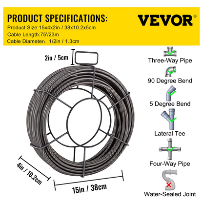 Drain Cable Sewer Cable 75ft 1/2in - Professional Drain Cleaning Tool