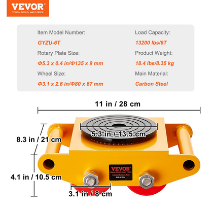 VEVOR Machinery Skate Dolly - 13,200 LBS Heavy Duty Carbon Steel Mover, 360° Rotation for Warehouses, Workshops, Factories