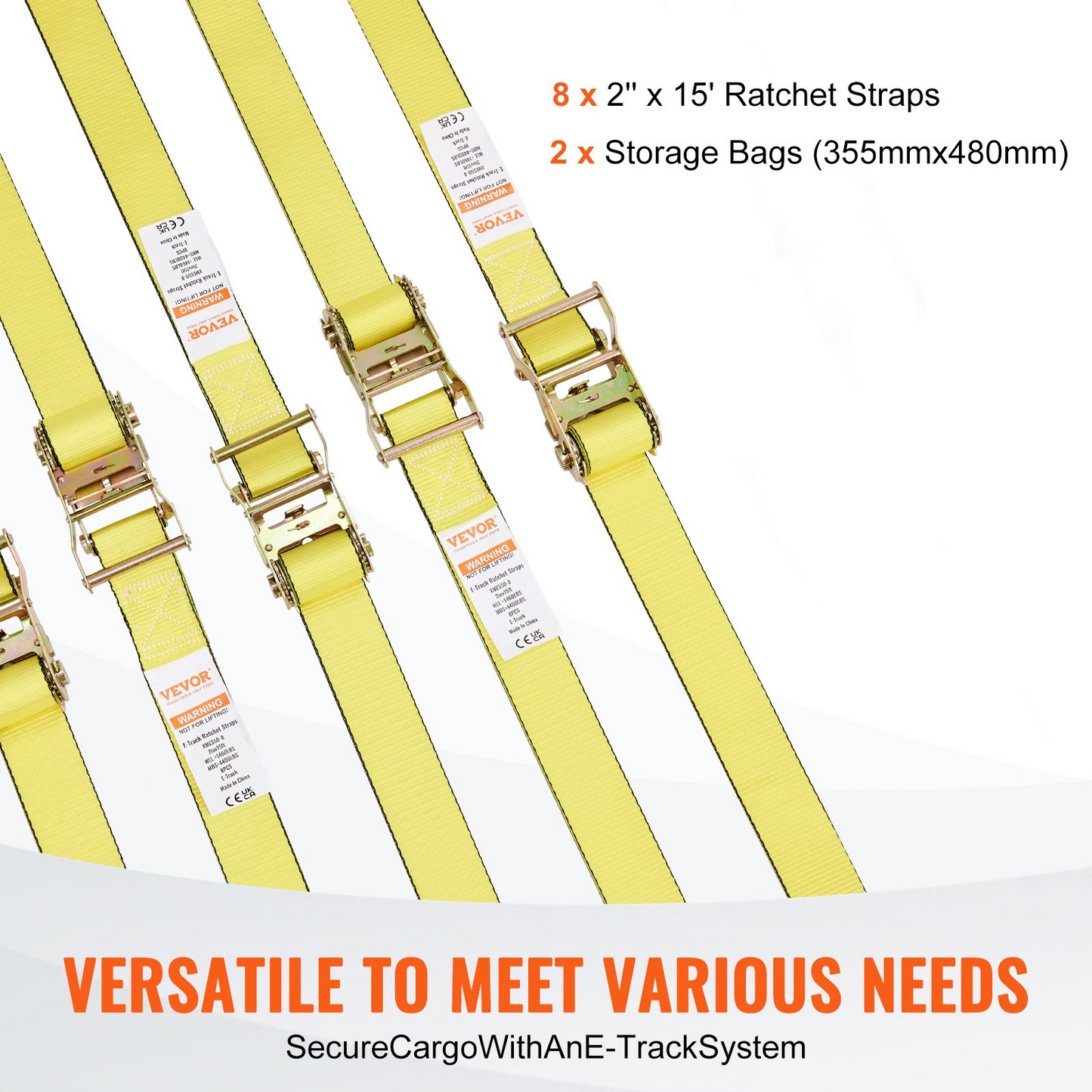 VEVOR Heavy Duty Ratchet Tie Down Straps (8 Pack) - 2" x 15' - 4400 lb Break Strength - Secure Cargo, Appliances & Lawn Equipment