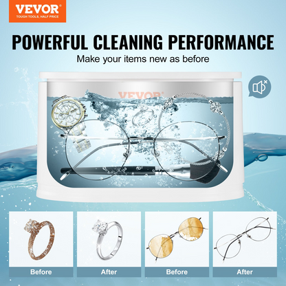 VEVOR Ultrasonic Jewelry Cleaner 22oz with 5 Digital Timer, Portable Sonic Cleaner with 2 Cleaning Baskets for Eyeglasses, Watches, Dentures, Rings