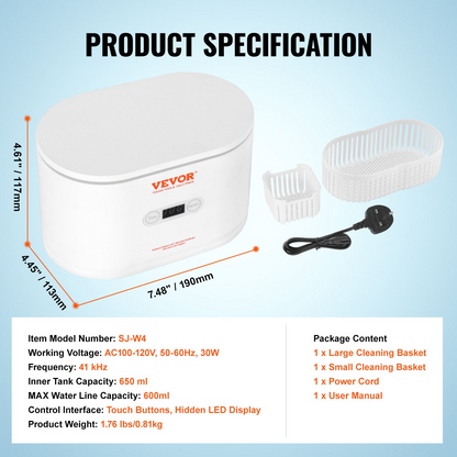 VEVOR Ultrasonic Jewelry Cleaner 22oz with 5 Digital Timer, Portable Sonic Cleaner with 2 Cleaning Baskets for Eyeglasses, Watches, Dentures, Rings