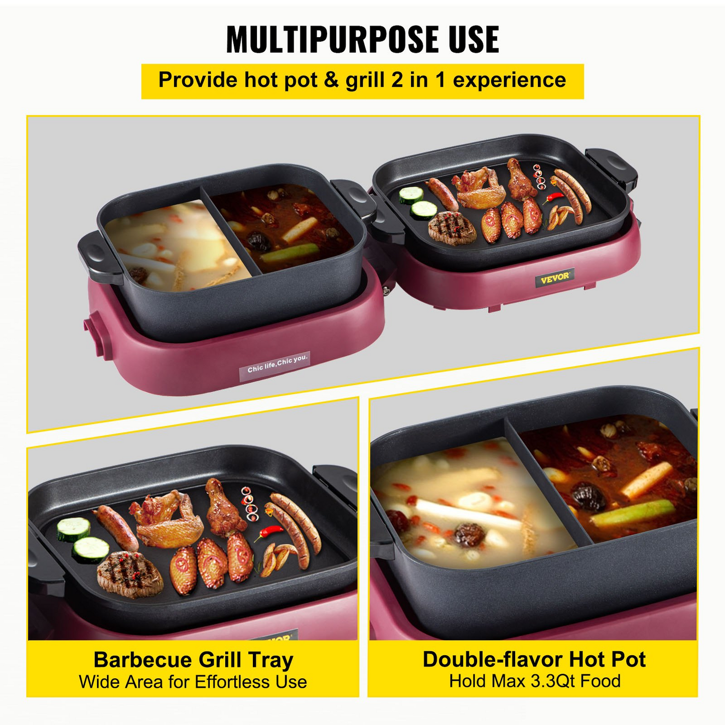 VEVOR 2 in 1 Electric BBQ Pan Grill Hot Pot - Foldable Design, Dual Temperature Control, High-Efficient Heating - 2100W