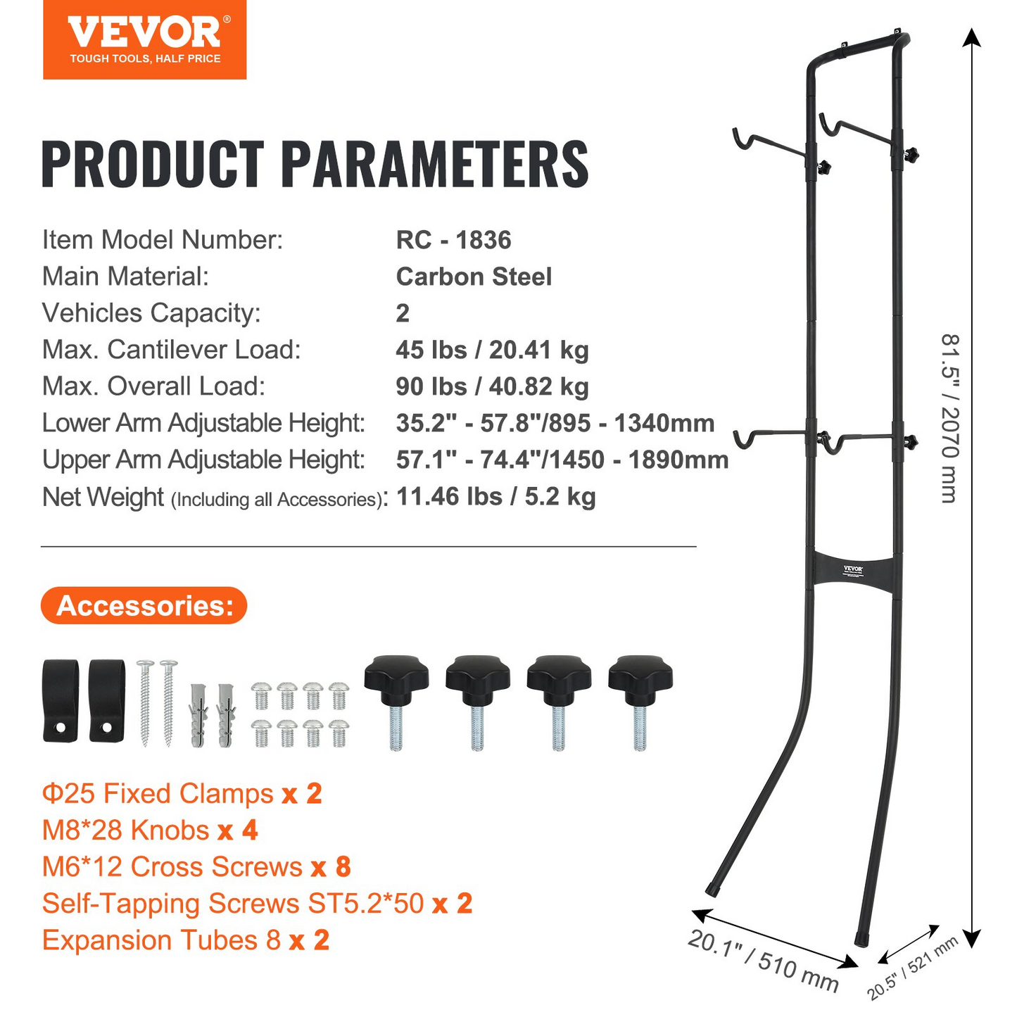 VEVOR 2 Bike Storage Rack - Free Standing Gravity Wall Vertical Bike Rack - Easy Assembly - Sturdy Steel - Holds Up to 90 lbs