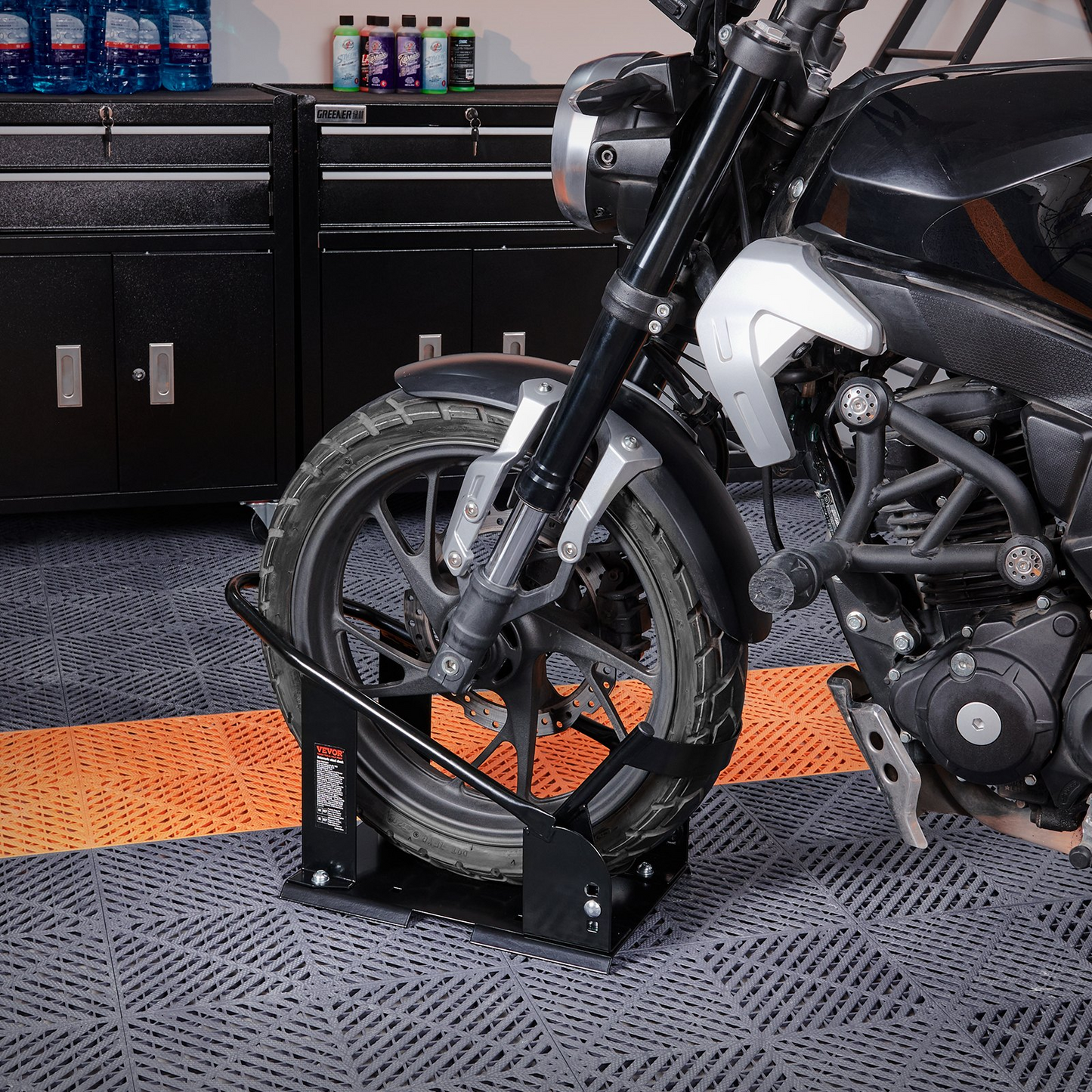 VEVOR Heavy-Duty Motorcycle Wheel Chock - Adjustable Front Wheel Stand for Off-Road & Standard Motorcycles, 1800 lbs Capacity - Secure & Stable Support