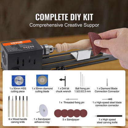 VEVOR Mini Lathe Machine - 2.76 x 6.3 in, 96W 24VDC Motor, 7 Adjustable Speeds, Perfect for DIY Woodworking Projects with Comprehensive Accessory Kit
