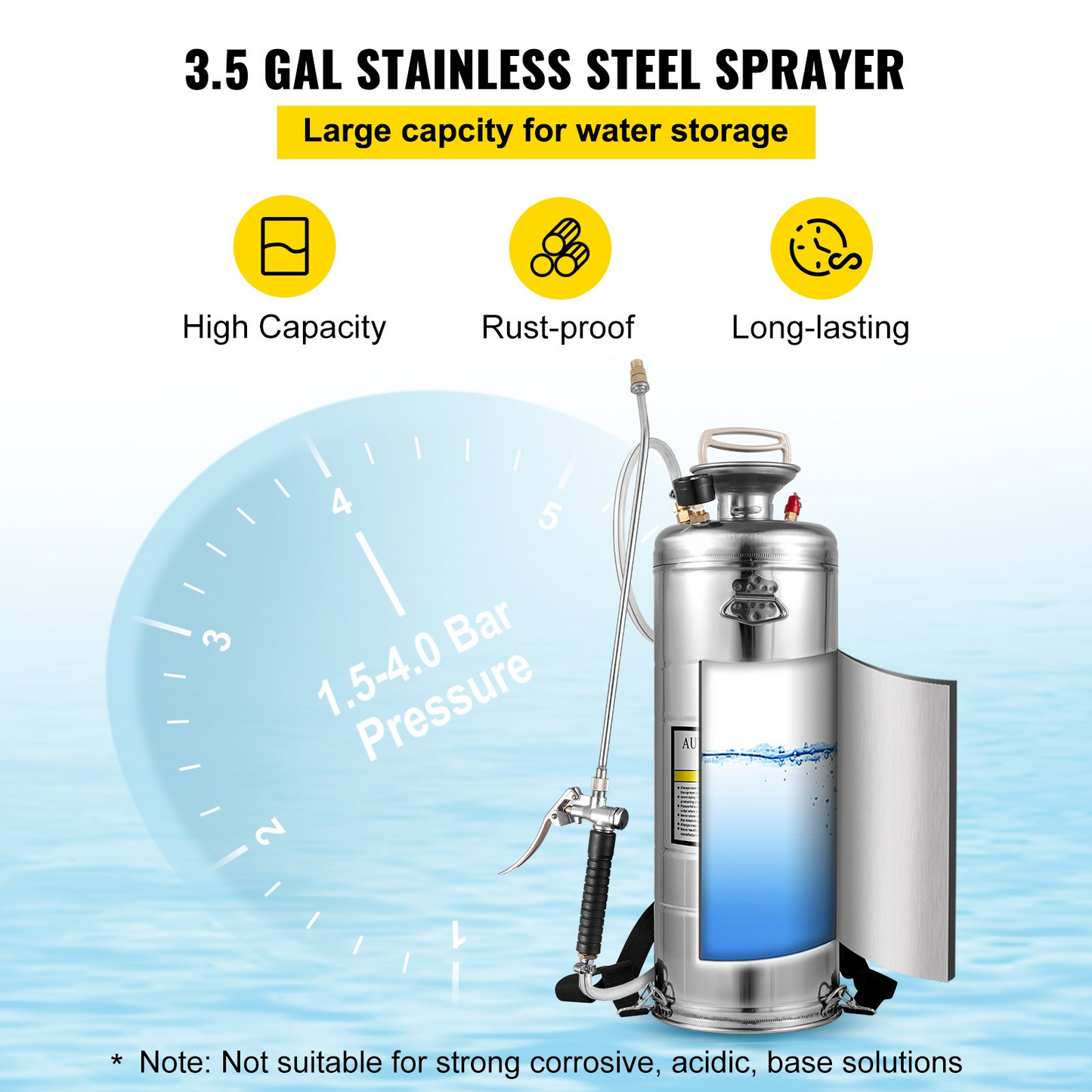 VEVOR 3.5-Gallon Hand Pump Stainless Steel Sprayer Set for Gardening & Sanitizing - Adjustable Nozzle, Pressure Gauge, Durable & Efficient
