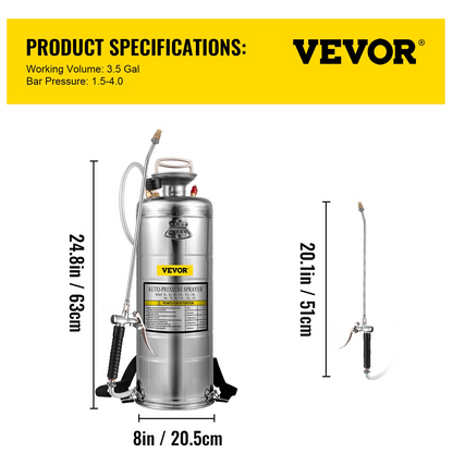 VEVOR 3.5-Gallon Hand Pump Stainless Steel Sprayer Set for Gardening & Sanitizing - Adjustable Nozzle, Pressure Gauge, Durable & Efficient