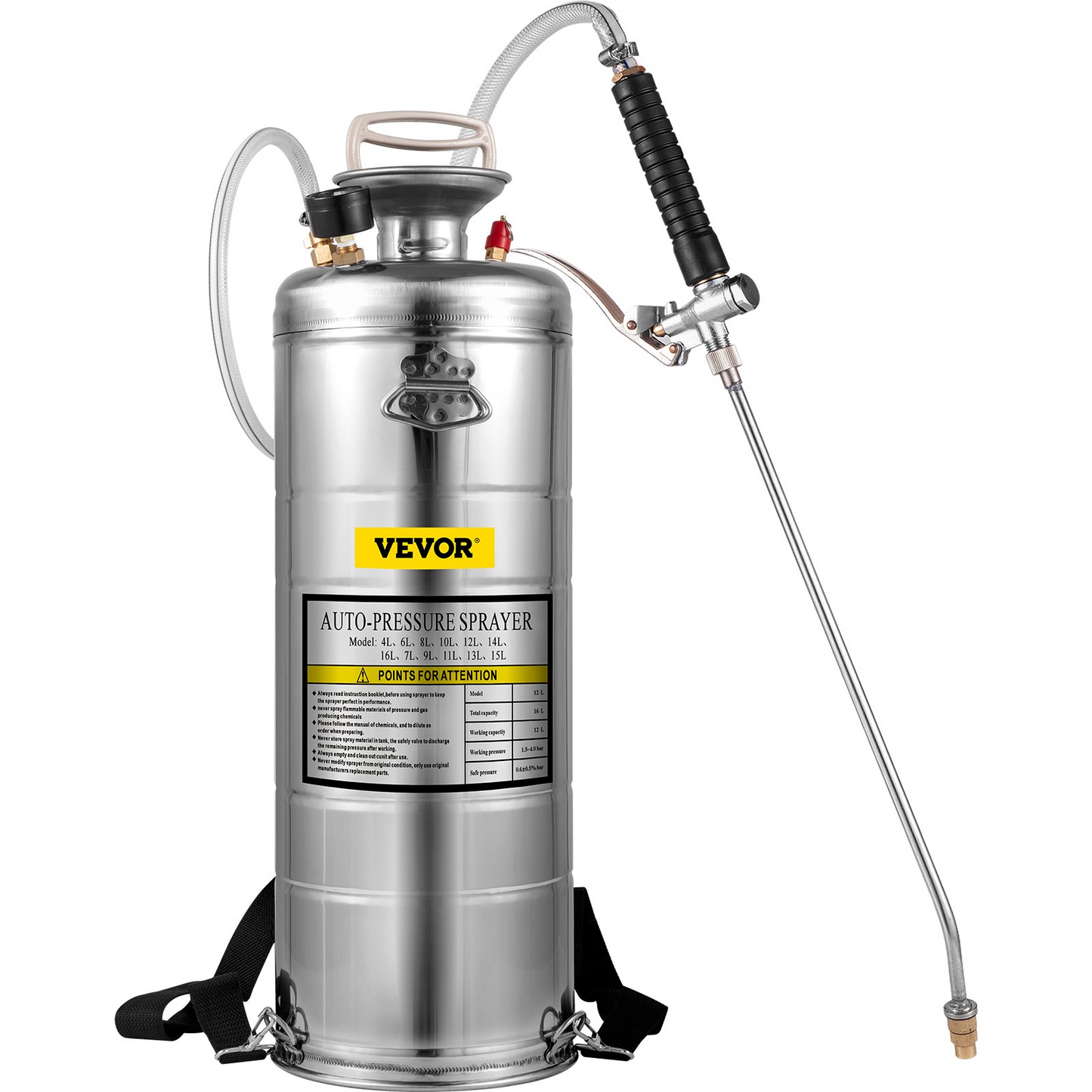 VEVOR 3.5-Gallon Hand Pump Stainless Steel Sprayer Set for Gardening & Sanitizing - Adjustable Nozzle, Pressure Gauge, Durable & Efficient