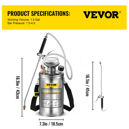 VEVOR 1.5Gal Stainless Steel Sprayer - Adjustable Nozzle, Reinforced Hose