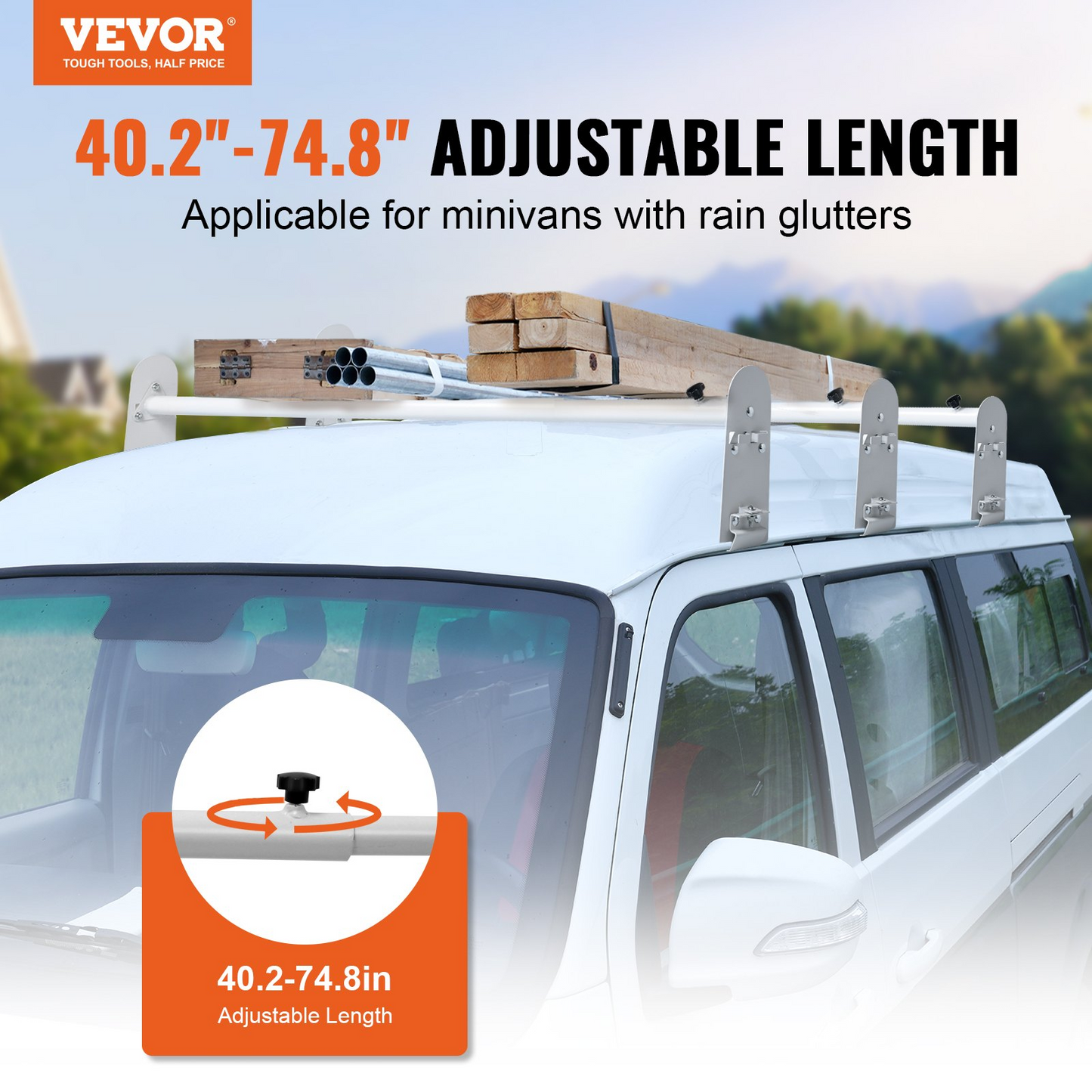 VEVOR Van Roof Ladder Rack - Durable Alloy Steel Construction, Adjustable Length, 750 lb Capacity, Compatible with Chevrolet Express, GMC Savana, and More