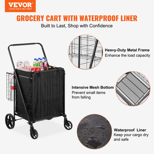 VEVOR Folding Shopping Cart with Removable Waterproof Liner - 330lbs Capacity, Dual Basket Design & Swivel Wheels for Groceries, Laundry, and More