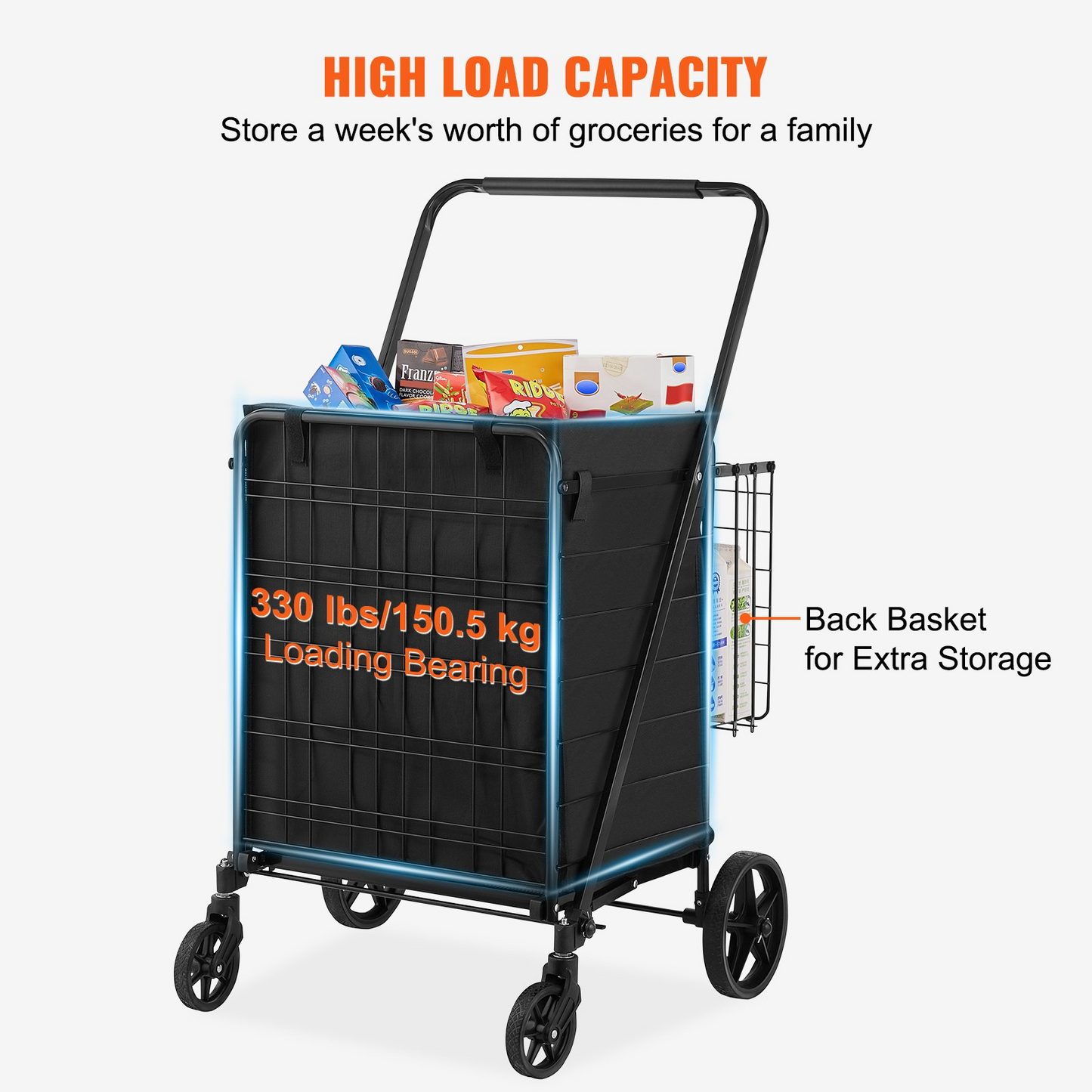 VEVOR Folding Shopping Cart with Removable Waterproof Liner - 330lbs Capacity, Dual Basket Design & Swivel Wheels for Groceries, Laundry, and More