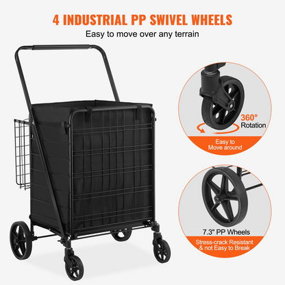 VEVOR Folding Shopping Cart with Removable Waterproof Liner - 330lbs Capacity, Dual Basket Design & Swivel Wheels for Groceries, Laundry, and More