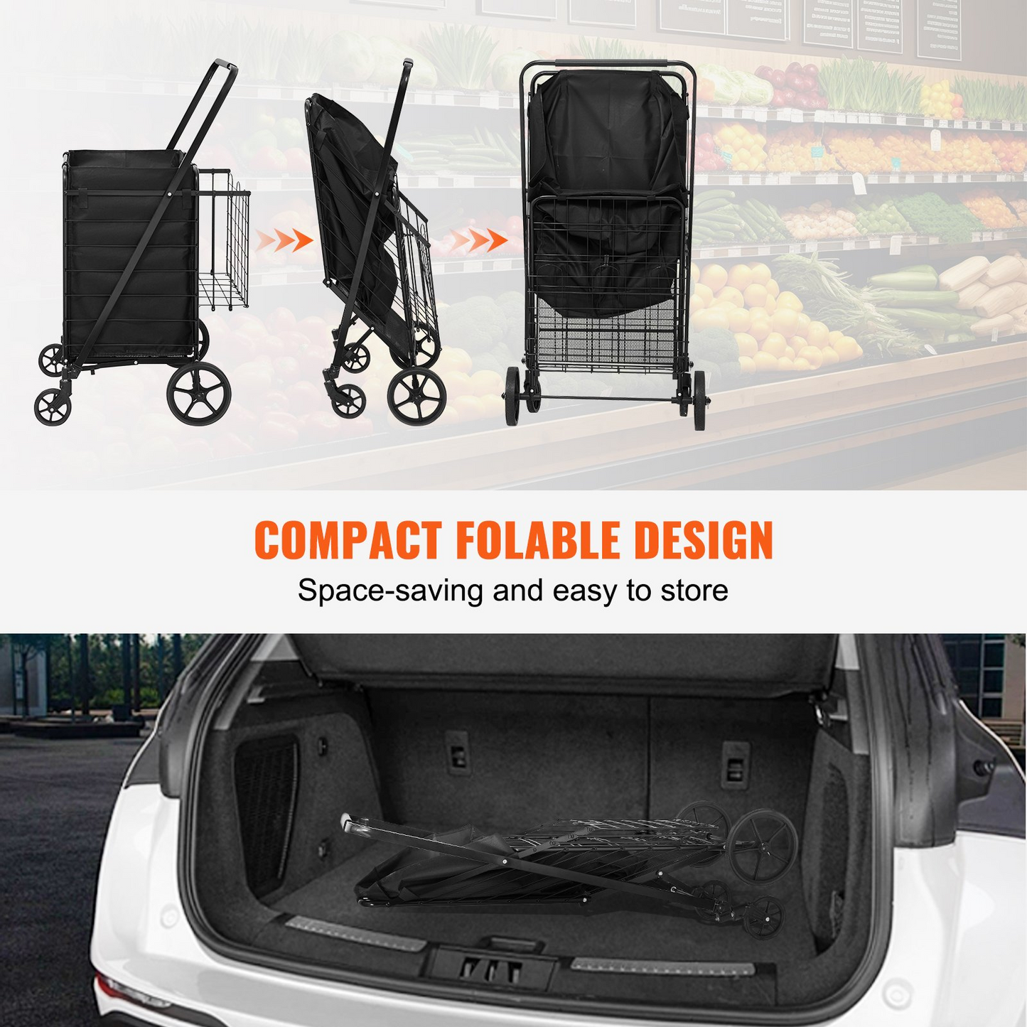 VEVOR Folding Shopping Cart with Removable Waterproof Liner - 330lbs Capacity, Dual Basket Design & Swivel Wheels for Groceries, Laundry, and More