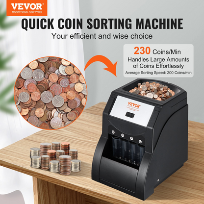 VEVOR USD Coin Sorter Machine - Sorts up to 230 Coins/min, Holds 200 Coins, Includes 4 Coin Tubes - Black