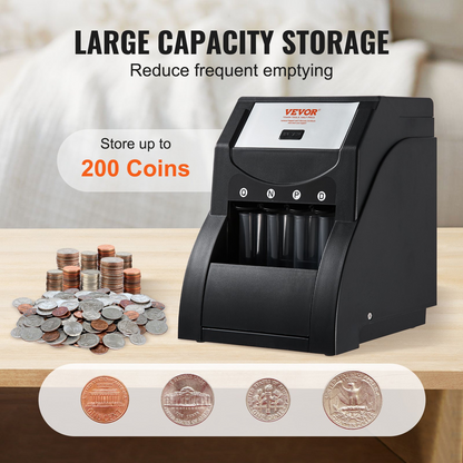 VEVOR USD Coin Sorter Machine - Sorts up to 230 Coins/min, Holds 200 Coins, Includes 4 Coin Tubes - Black