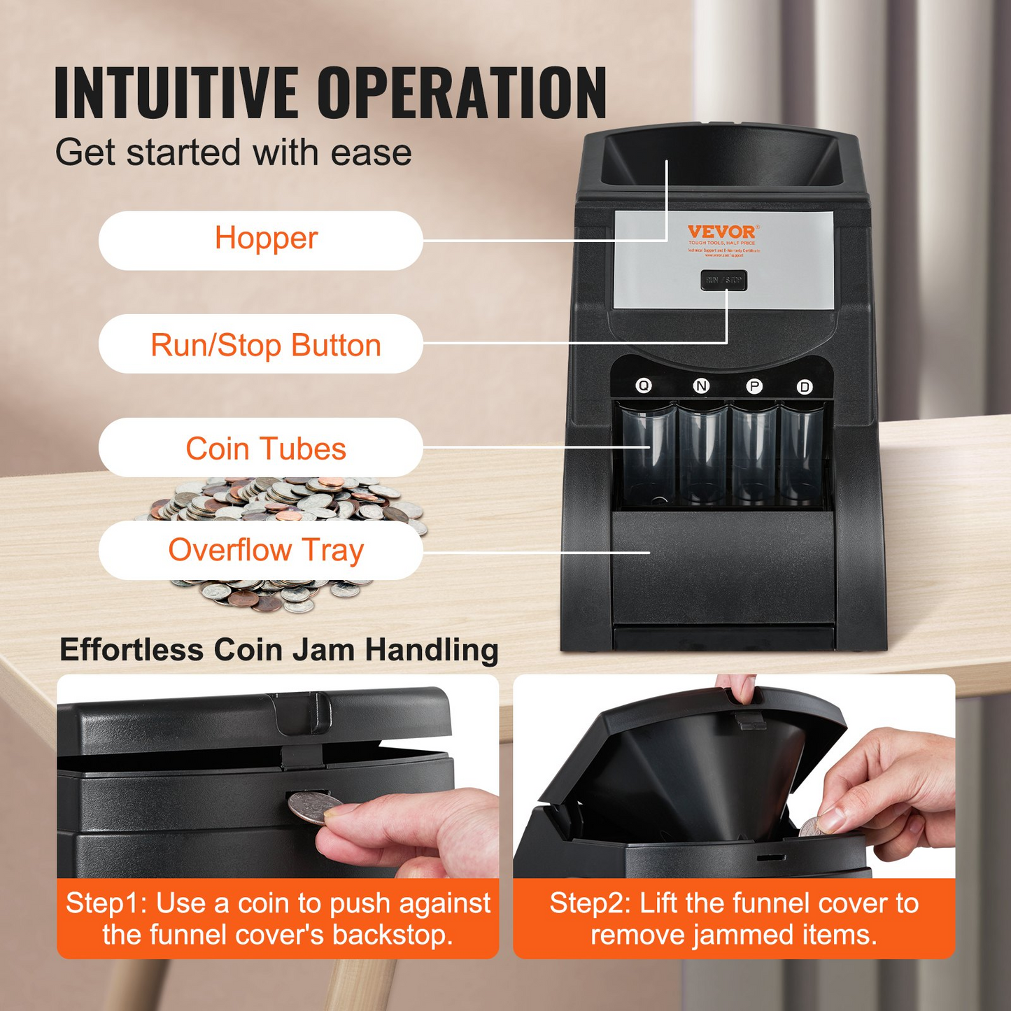 VEVOR USD Coin Sorter Machine - Sorts up to 230 Coins/min, Holds 200 Coins, Includes 4 Coin Tubes - Black