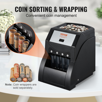 VEVOR USD Coin Sorter Machine - Sorts up to 230 Coins/min, Holds 200 Coins, Includes 4 Coin Tubes - Black