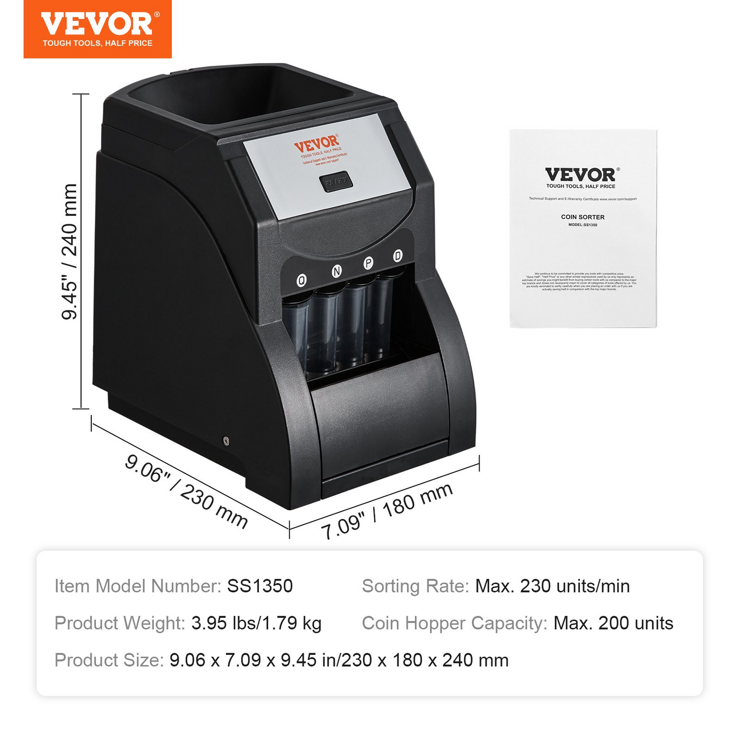 VEVOR USD Coin Sorter Machine - Sorts up to 230 Coins/min, Holds 200 Coins, Includes 4 Coin Tubes - Black