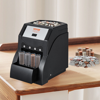 VEVOR USD Coin Sorter Machine - Sorts up to 230 Coins/min, Holds 200 Coins, Includes 4 Coin Tubes - Black