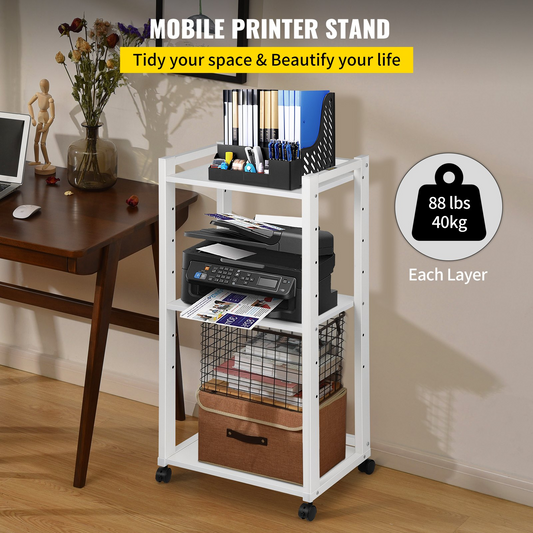 VEVOR 3-Tier Rolling Printer Cart - Adjustable Storage Shelf Rack with Lockable Wheels, White