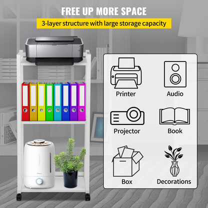 VEVOR 3-Tier Rolling Printer Cart - Adjustable Storage Shelf Rack with Lockable Wheels, White