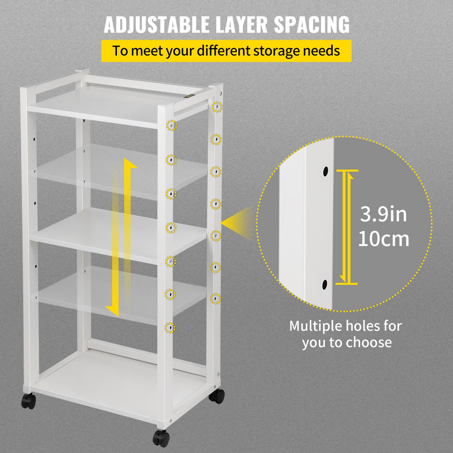 VEVOR 3-Tier Rolling Printer Cart - Adjustable Storage Shelf Rack with Lockable Wheels, White