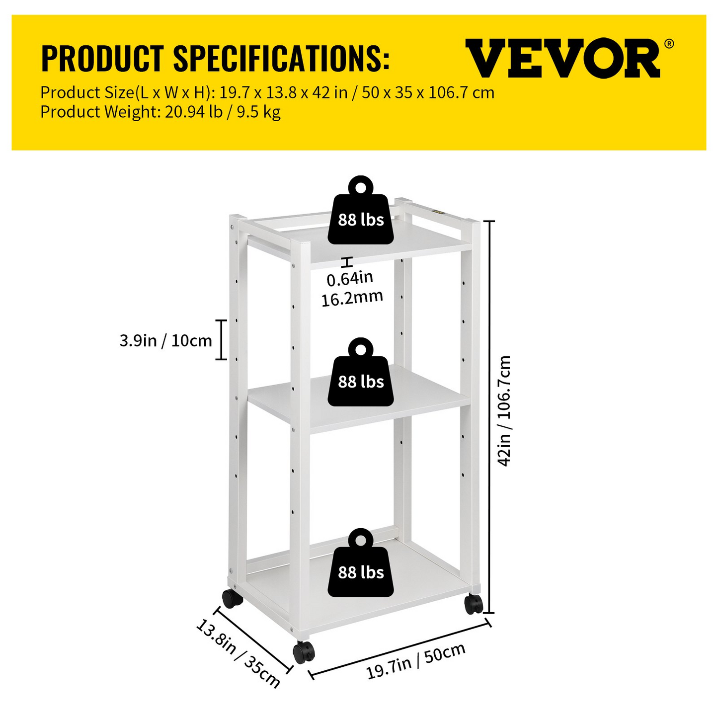 VEVOR 3-Tier Rolling Printer Cart - Adjustable Storage Shelf Rack with Lockable Wheels, White