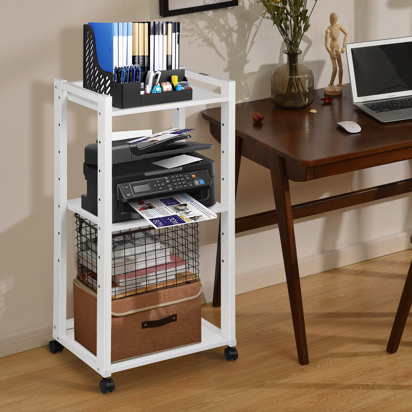 VEVOR 3-Tier Rolling Printer Cart - Adjustable Storage Shelf Rack with Lockable Wheels, White