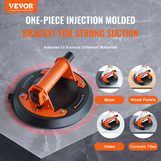 VEVOR Heavy Duty Glass Suction Cup - 8" Vacuum Suction with Steel Handle, 615 lbs Capacity | Ideal for Glass, Granite, Tile, Metal, and Wood Panels | Includes Carry Box for Easy Storage and Transport