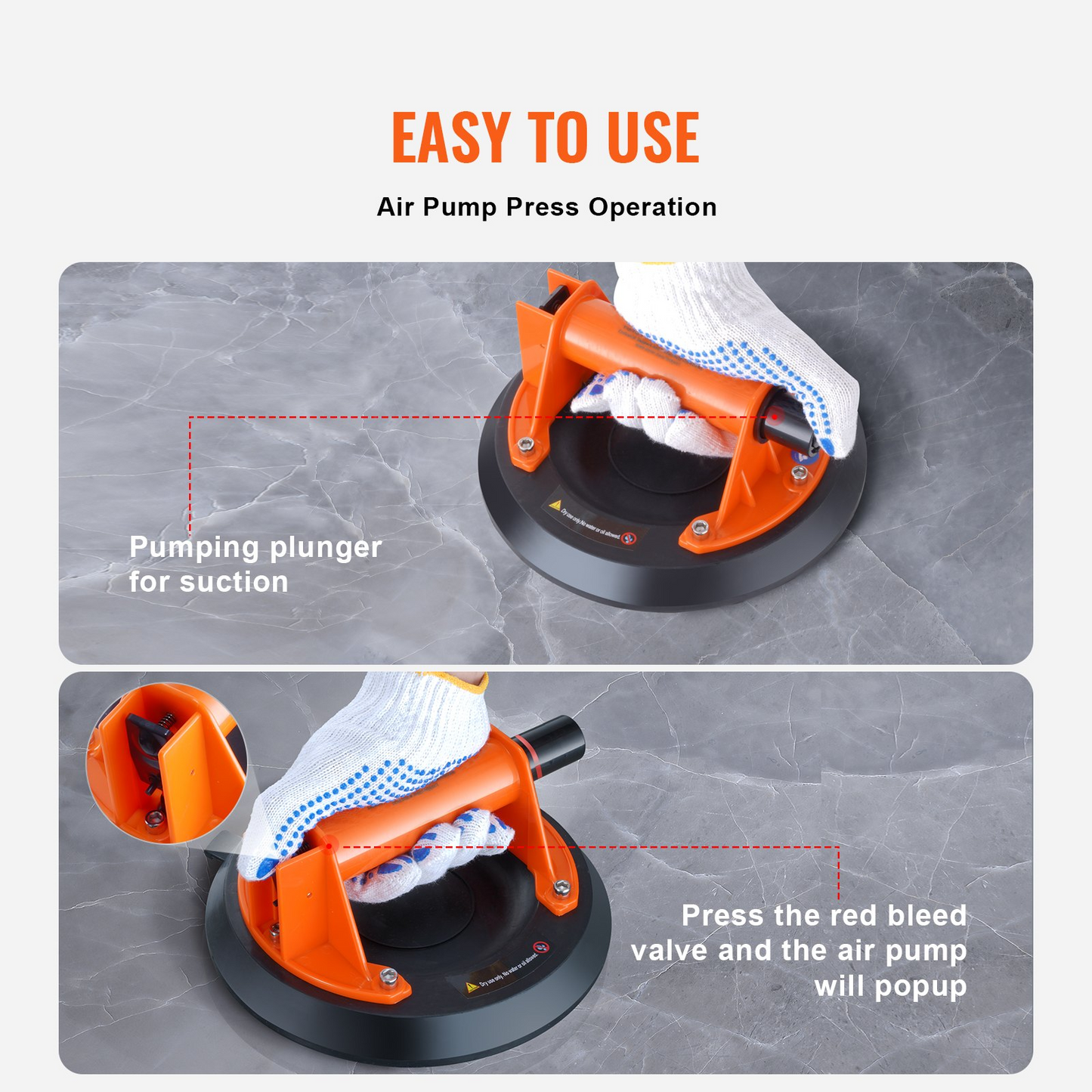 VEVOR Heavy Duty Glass Suction Cup - 8" Vacuum Suction with Steel Handle, 615 lbs Capacity | Ideal for Glass, Granite, Tile, Metal, and Wood Panels | Includes Carry Box for Easy Storage and Transport