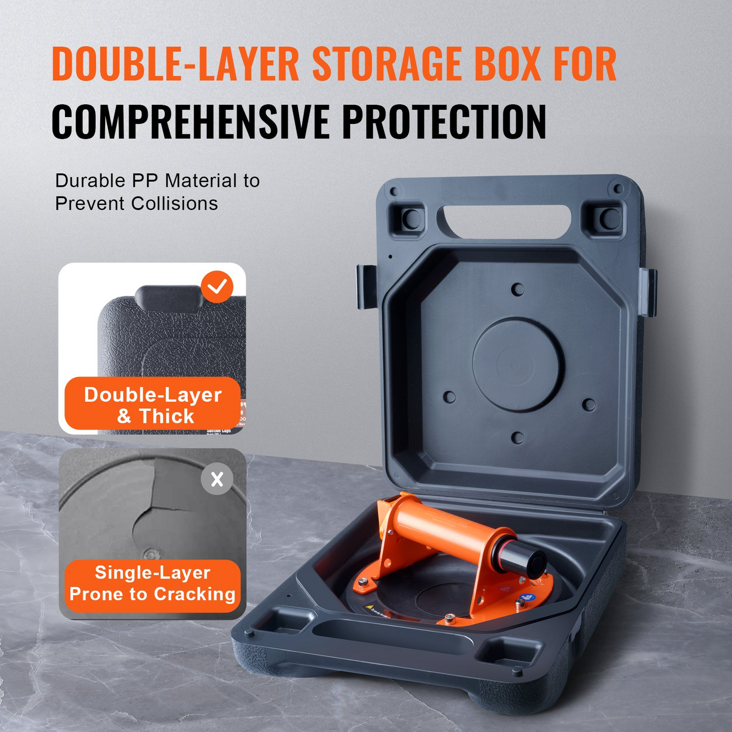 VEVOR Heavy Duty Glass Suction Cup - 8" Vacuum Suction with Steel Handle, 615 lbs Capacity | Ideal for Glass, Granite, Tile, Metal, and Wood Panels | Includes Carry Box for Easy Storage and Transport