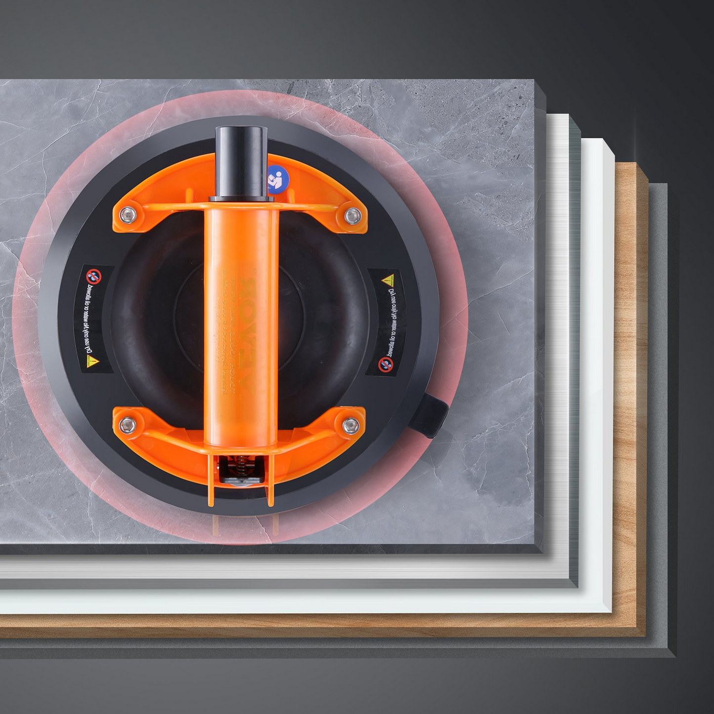 VEVOR Heavy Duty Glass Suction Cup - 8" Vacuum Suction with Steel Handle, 615 lbs Capacity | Ideal for Glass, Granite, Tile, Metal, and Wood Panels | Includes Carry Box for Easy Storage and Transport