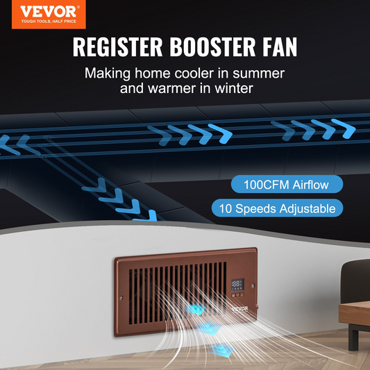 VEVOR Register Booster Fan - Ultra-Quiet Vent Booster with Remote & Thermostat, Fit for 4” x 10” Register Holes, Brown