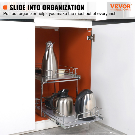 VEVOR 2 Tier Pull Out Cabinet Organizer - 14"W x 21"D Heavy Duty Slide Out Pantry Shelves for Kitchen & Bathroom Storage
