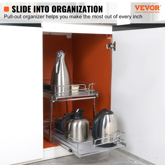 VEVOR 2-Tier Pull Out Cabinet Organizer, 14"W x 21"D, Heavy Duty Slide Out Pantry Shelves, Chrome-Plated Steel Roll Out Drawers, Ideal for Kitchen, Bathroom, Under Sink Storage